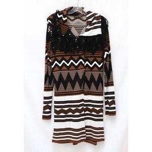 Jane & John Western Cardigan Aztec striped print longline Brown Black Fringe S